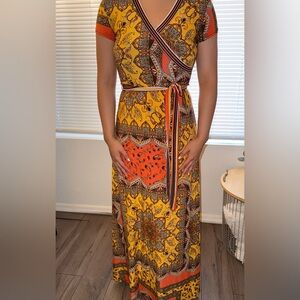 Mlle Gabrielle Orange Gold Halter Wrap Maxi Dress